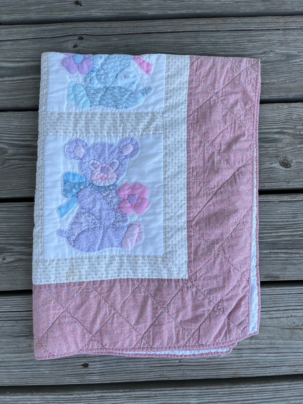 Handmade Plush Bear Applique Baby Quilt - Pink and Lavender